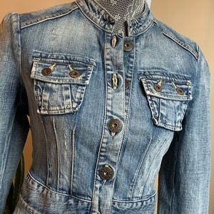 Guess Cropped Distressed Peplum Jean Jacket